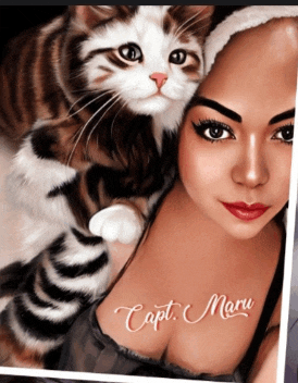 a picture of a woman and a cat with the caption capt maru