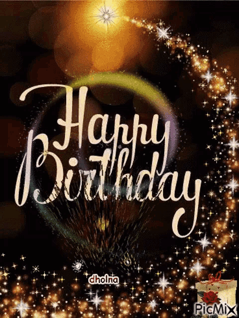a picture of a happy birthday greeting card with fireworks in the background
