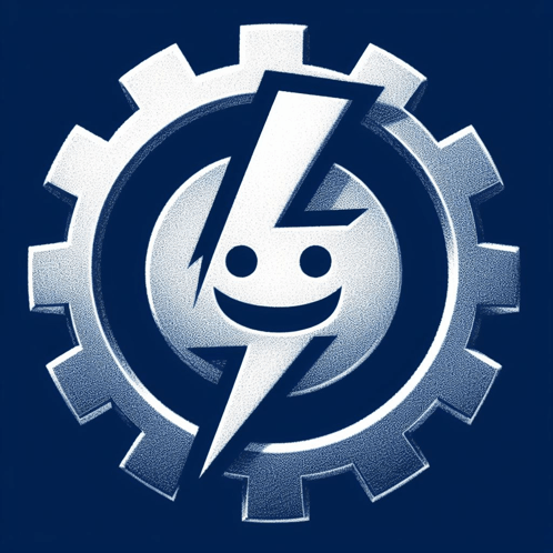 a blue and white logo with a lightning bolt in the center