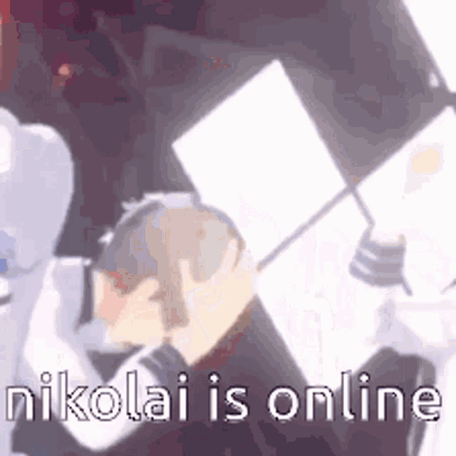 a cartoon character is holding a piece of paper in front of a checkered background and says nikolai is online .