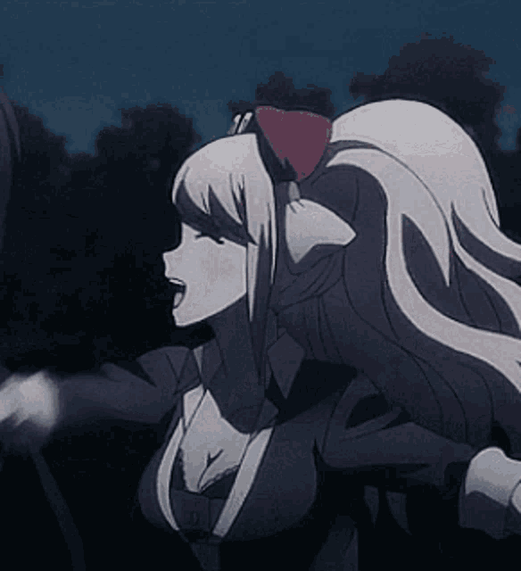 a girl with long white hair and a red bow in her hair is standing in the dark