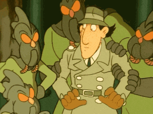 a cartoon of a man in a trench coat and hat