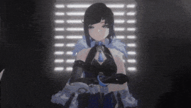 a girl in a blue dress and gloves is standing in front of a window in a dark room .