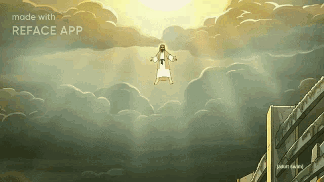 a cartoon of jesus flying through the air with the words made with reface app above him