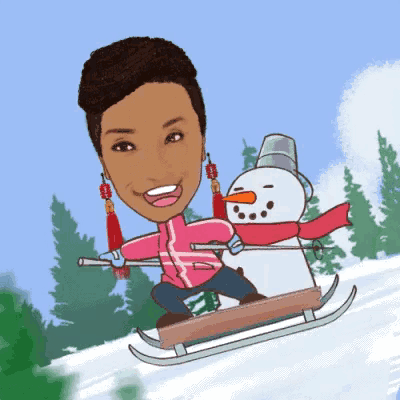 a cartoon of a woman sledding down a hill with a snowman