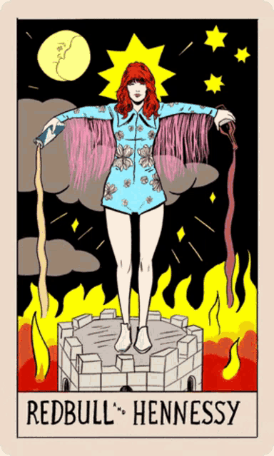 a drawing of a woman standing on a tower with the words redbull hennessy