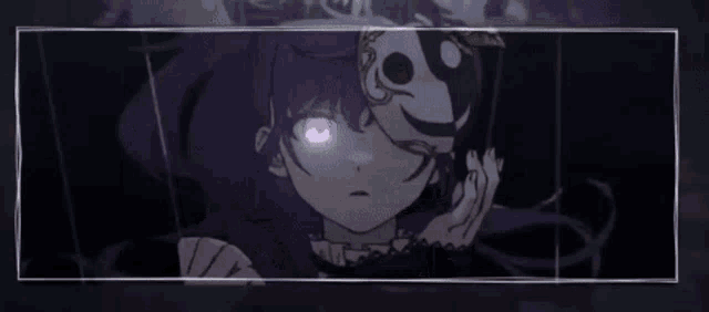 a girl with purple eyes and a skull mask on her face .
