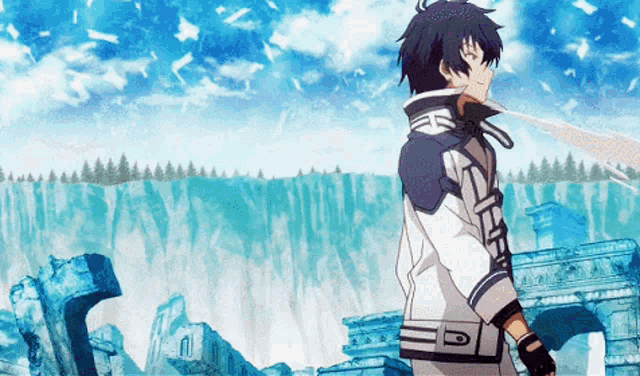 a boy in a white jacket with the letter e on the back
