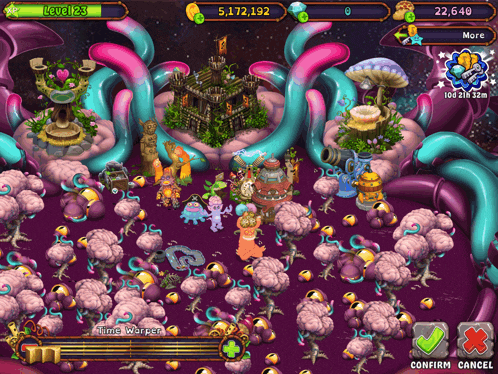 a screenshot of a video game with a purple background and a castle in the middle