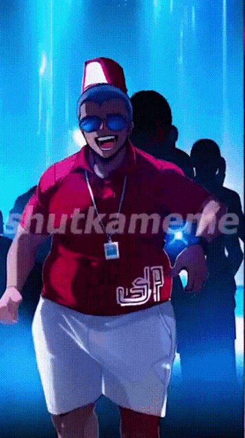 a man in a red shirt and white shorts is dancing in front of a blue background that says shutkamerie