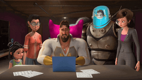 a group of cartoon characters are gathered around a table and one of them is wearing a helmet that says jjm on it