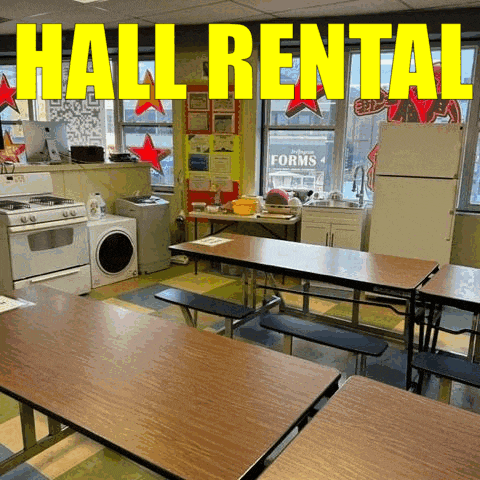 a room with tables and the words hall rental on top