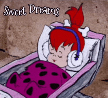 a cartoon of a girl sleeping in a stroller with the words sweet dreams above her