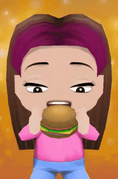 a girl with purple hair is eating a hamburger in a pink shirt