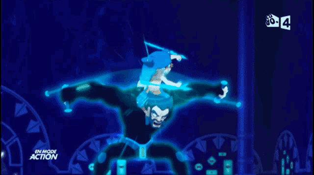 a tv screen shows a cartoon character and says " en mode action " on the bottom