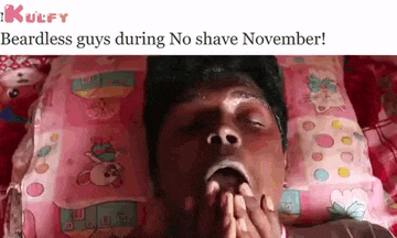 a man is laying on a pink pillow with his mouth open and the words beardless guys during no shave november .