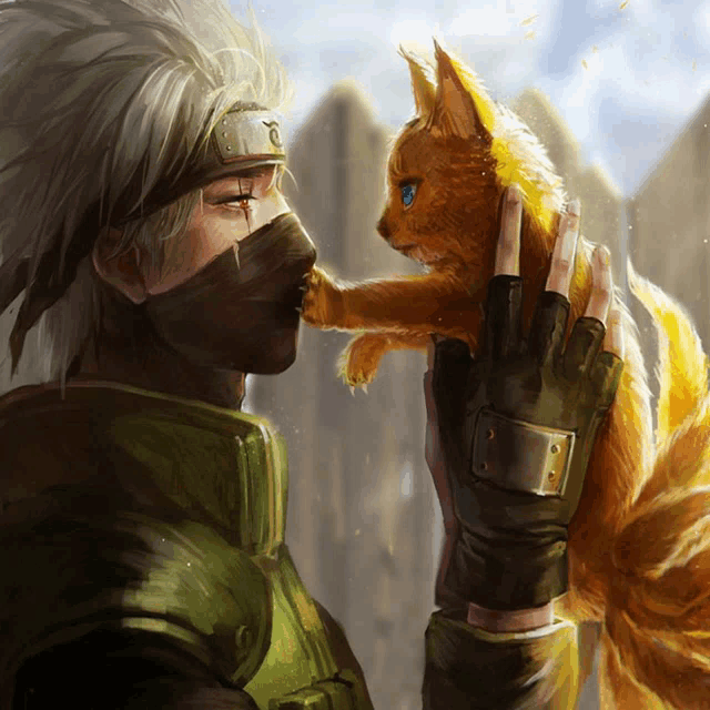 a painting of a man petting a cat with the letter o on his mask