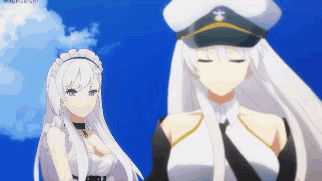 two anime girls are standing next to each other with their eyes closed and a blue sky in the background