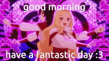 two anime girls are dancing in front of a purple background .