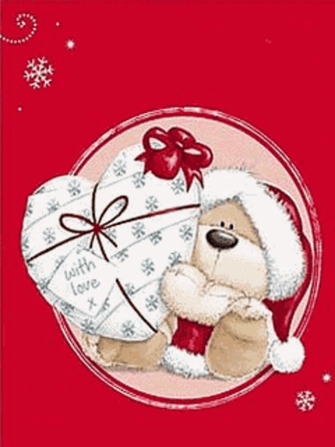 a teddy bear in a santa hat is holding a heart shaped gift .