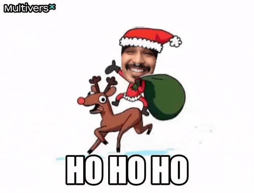 a man wearing a santa hat is riding a reindeer with a bag of presents .