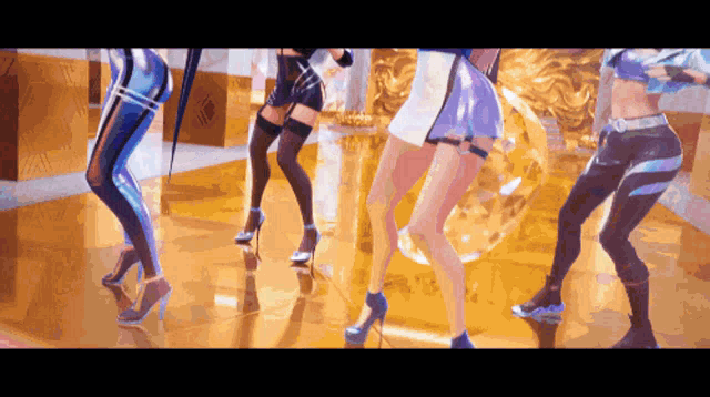 a group of women in high heels are dancing on a dance floor .