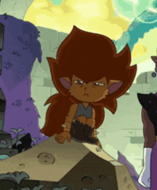 a cartoon character is sitting on a rock with a purple background