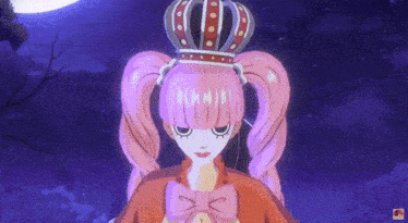 a girl with pink hair is wearing a crown and a bow