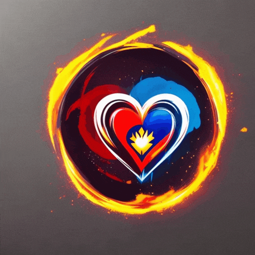 a red white and blue heart is in a circle of fire