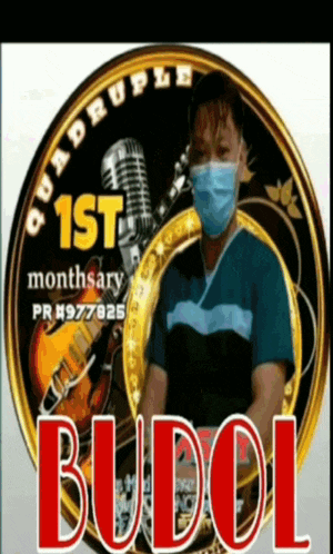 a man wearing a face mask stands in front of a logo that says quadraple 1st monthary budol