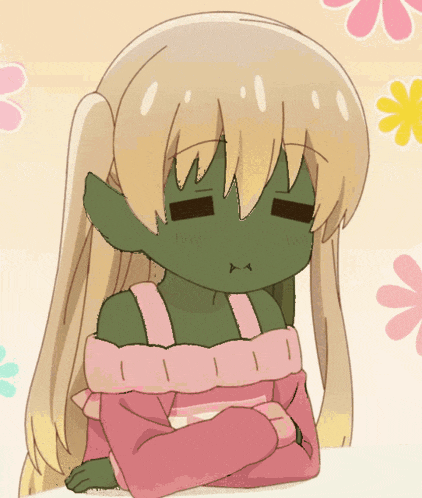 a drawing of a girl with a green face and long blonde hair