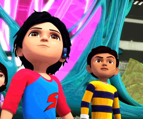 a boy with a lightning bolt on his shirt stands next to another boy
