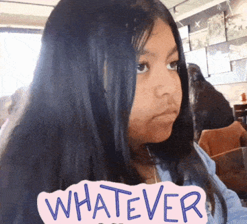 a girl with long black hair is holding a sign that says whatever