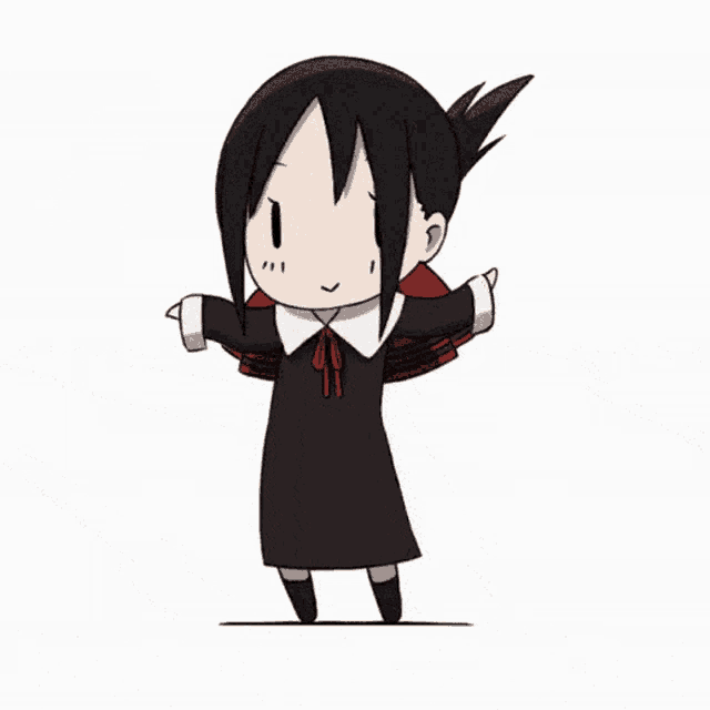 a cartoon of a girl in a black dress is dancing .