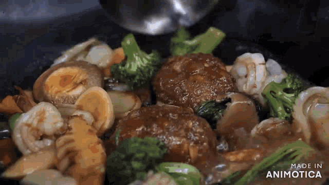 a close up of a pan of food with the words made in animotica on the bottom