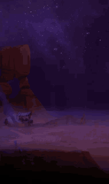 a painting of a desert with a purple sky and stars