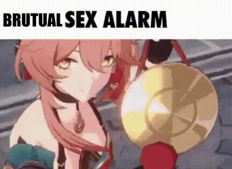 a girl is holding a gong in her hand and says `` brutal sex alarm '' on the bottom .