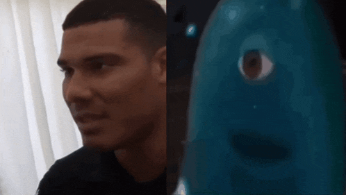 a close up of a man 's face next to a close up of a blue object with one eye