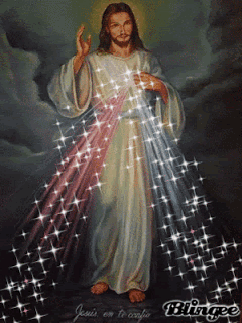 a painting of jesus is surrounded by sparkly stars