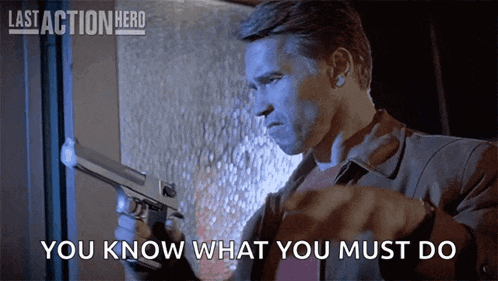 a man holding a gun with the words " you know what you must do " next to him