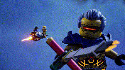 a lego ninjago character holding a sword and a gun with the letter x on it