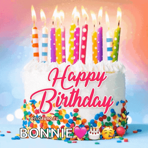 a birthday cake with candles and sprinkles and the name bonnie on it