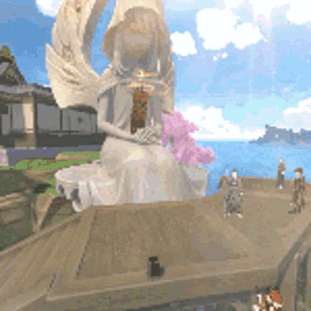 a statue of a woman in a white dress is sitting on a wooden platform overlooking a body of water