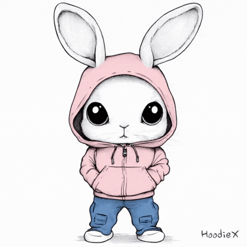 a drawing of a baby bunny wearing a pink hoodie