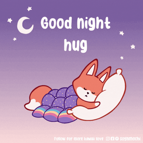 a cartoon of a fox sleeping with the words " good night hug "