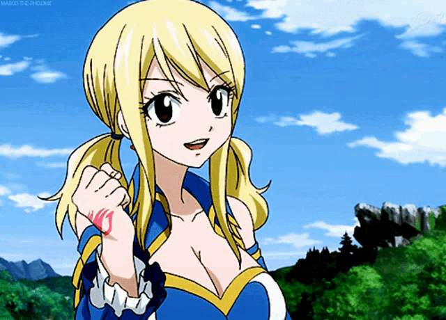 a picture of a blonde anime girl with a red tattoo on her wrist