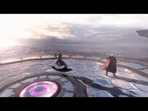 a man in a red coat is standing in front of a purple circle in a video game