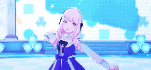 a girl with pink hair and a blue dress is dancing on a stage .