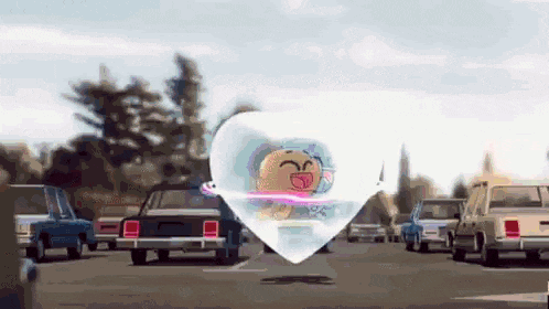 a cartoon character is floating in a heart shaped bubble in a parking lot .