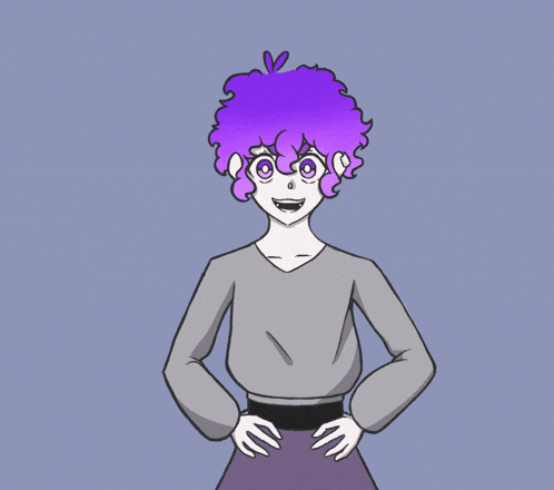 a drawing of a girl with purple hair and the words " its midnigt !!! 1 !!! "